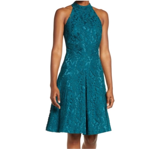 ELIZA J Floral Lace Fit-n-Flare Mock Neck Sleeveless Dress, Teal, Size 6 - Picture 1 of 8